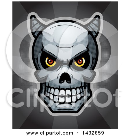 Clipart of a Halftone Demon Skull over Rays - Royalty Free Vector Illustration by Cory Thoman