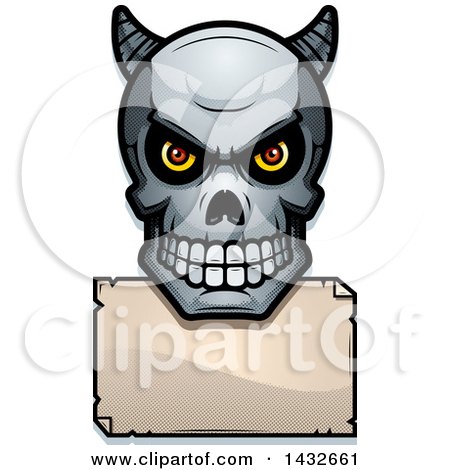 Clipart of a Halftone Demon Skull over a Blank Paper Sign - Royalty Free Vector Illustration by Cory Thoman