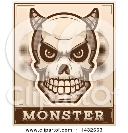Clipart of a Halftone Demon Skull over Monster Text - Royalty Free Vector Illustration by Cory Thoman