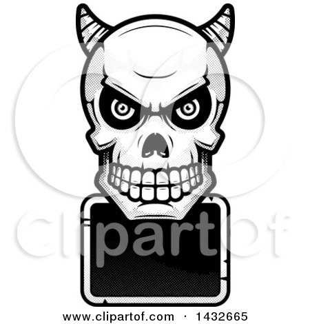 Clipart of a Halftone Black and White Demon Skull over a Blank Sign - Royalty Free Vector Illustration by Cory Thoman