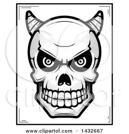 Clipart of a Halftone Black and White Demon Skull Poster Design - Royalty Free Vector Illustration by Cory Thoman