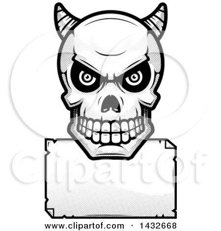 Clipart of a Halftone Black and White Demon Skull over a Blank Paper Sign - Royalty Free Vector Illustration by Cory Thoman