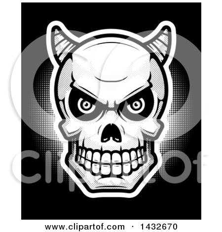 Clipart of a Black and White Halftone Demon Skull on Black - Royalty Free Vector Illustration by Cory Thoman