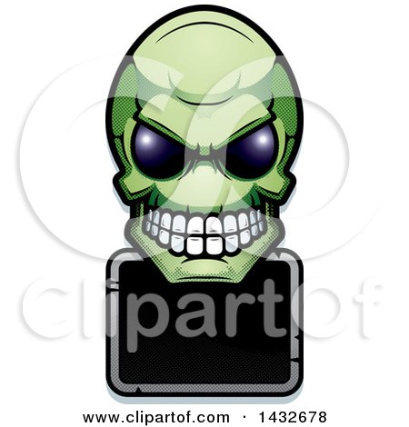 Clipart of a Halftone Green Alien Skull over a Black Sign - Royalty Free Vector Illustration by Cory Thoman