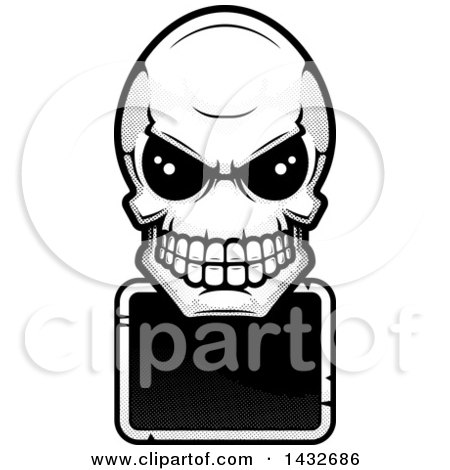 Clipart of a Black and White Halftone Alien Skull over a Sign - Royalty Free Vector Illustration by Cory Thoman