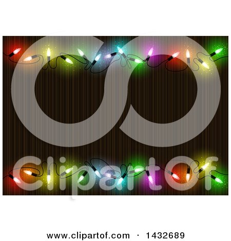 Clipart of a Border of Colorful String Christmas Lights Around Wood Text Space - Royalty Free Vector Illustration by dero