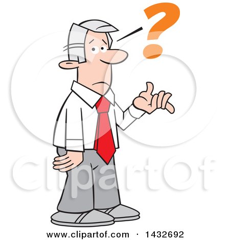 Clipart of a Cartoon Puzzled Silver Haired Caucasian Business Man Shrugging with a Question Mark, at a Loss - Royalty Free Vector Illustration by Johnny Sajem