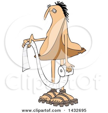 Clipart of a Cartoon Chubby Caveman Holding a Roll of Toilet Paper - Royalty Free Vector Illustration by djart