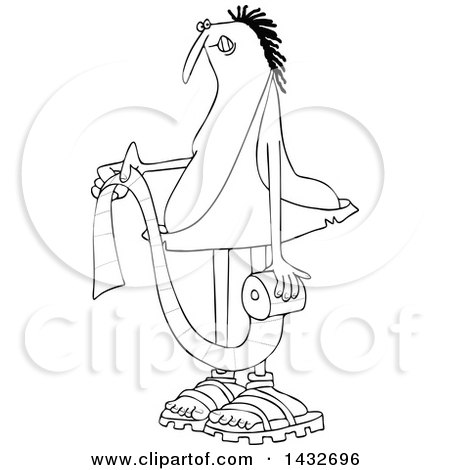 Clipart of a Cartoon Black and White Lineart Chubby Caveman Holding a Roll of Toilet Paper - Royalty Free Vector Illustration by djart