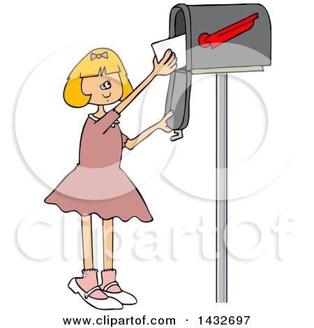 Clipart of a Cartoon Happy White Girl Getting Letters from a Mailbox - Royalty Free Vector Illustration by djart