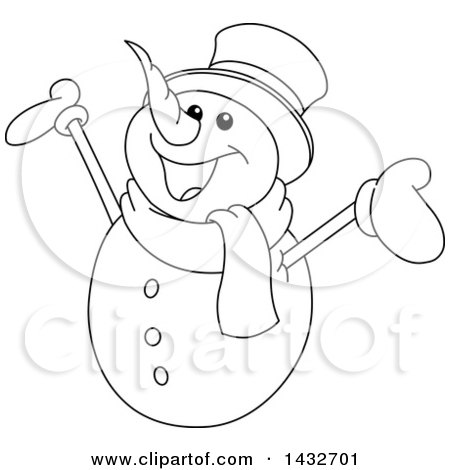 Clipart of a Cartoon Black and White Lineart, Cheerful Christmas Snowman - Royalty Free Vector Illustration by yayayoyo
