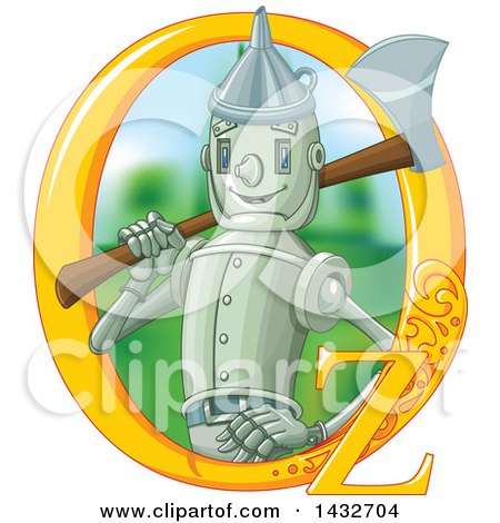 Clipart of a Happy Tin Woodman Holding an Axe over His Shoulder, Emerging from an Oz Frame - Royalty Free Vector Illustration by Pushkin