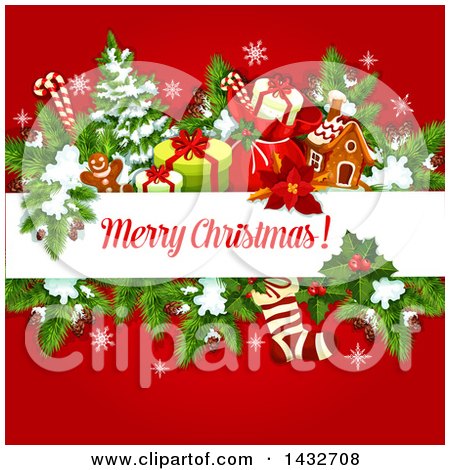 Clipart of a Merry Christmas Greeting with Branches and Xmas Items - Royalty Free Vector Illustration by Vector Tradition SM