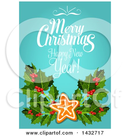 Clipart of a Merry Christmas Greeting with a Star Gingerbread Cookie - Royalty Free Vector Illustration by Vector Tradition SM