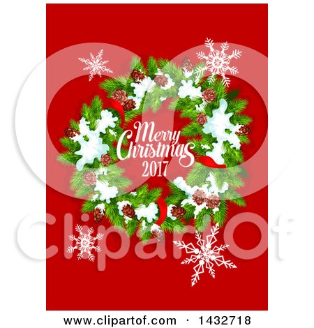 Clipart of a Merry Christmas 2017 Greeting with a Wreath and Snowflakes - Royalty Free Vector Illustration by Vector Tradition SM
