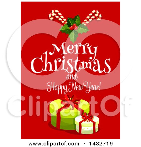 Clipart of a Merry Christmas and Happy New Year Greeting with Gifts and Candy Canes - Royalty Free Vector Illustration by Vector Tradition SM
