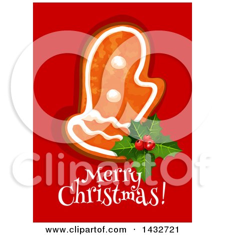 Clipart of a Merry Christmas Greeting with a Mitten Gingerbread Cookie - Royalty Free Vector Illustration by Vector Tradition SM