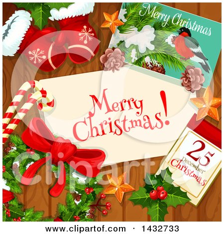 Clipart of a Merry Christmas Greeting on Wood with a Card, Calendar, Wreath, Mittens and Candy Canes - Royalty Free Vector Illustration by Vector Tradition SM