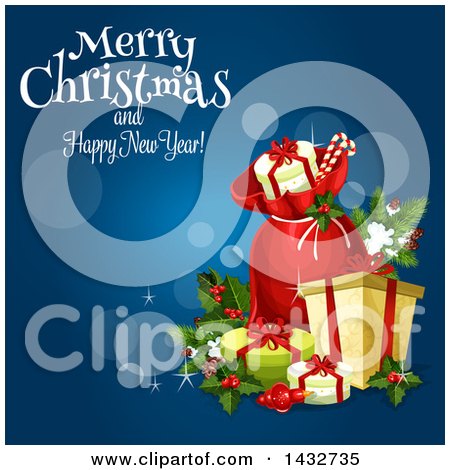 Clipart of a Merry Christmas and Happy New Year Greeting with a Sack and Gifts - Royalty Free Vector Illustration by Vector Tradition SM