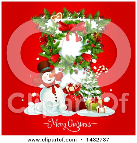 Clipart of a Merry Christmas Greeting with a Snowman, Tree and Gifts - Royalty Free Vector Illustration by Vector Tradition SM