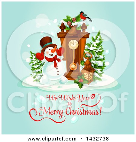 Clipart of a We Wish You a Merry Christmas Greeting with a Snowman and Clock - Royalty Free Vector Illustration by Vector Tradition SM