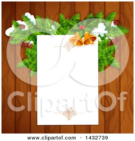 Clipart of a Blank Christmas Letter Page over Wood, with Branches and Bells - Royalty Free Vector Illustration by Vector Tradition SM