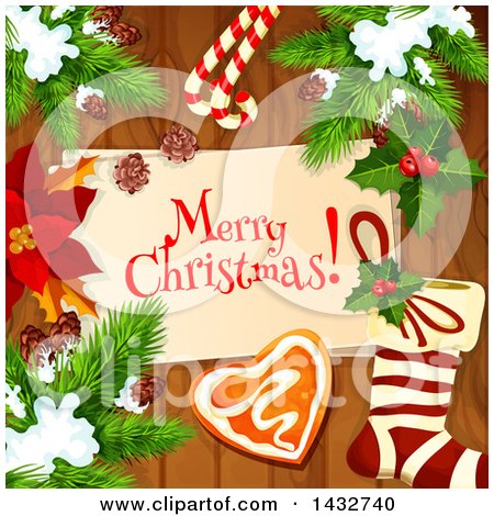 Clipart of a Merry Christmas Greeting over Wood with Xmas Items - Royalty Free Vector Illustration by Vector Tradition SM