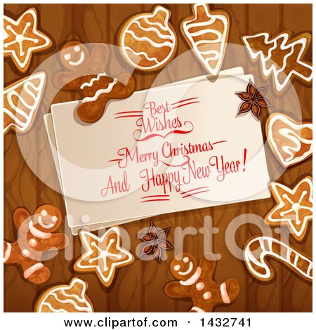 Clipart of a Merry Christmas and Happy New Year Greeting with Gingerbread Cookies on Wood - Royalty Free Vector Illustration by Vector Tradition SM