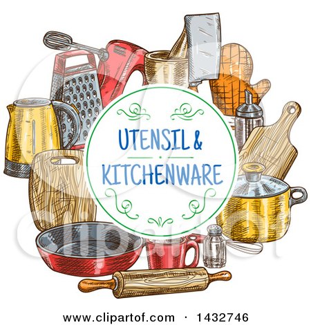 Clipart of a Text Circle Frame over Sketched Kitchen Items - Royalty Free Vector Illustration by Vector Tradition SM