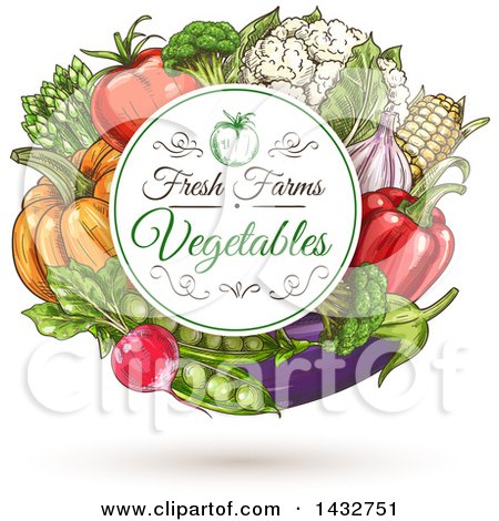 Clipart of a Text Circle Frame over Sketched Vegetables - Royalty Free Vector Illustration by Vector Tradition SM
