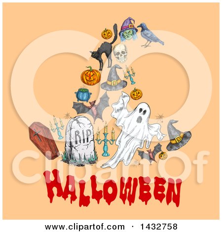 Clipart of a Sketched Witch Hat Formed of Halloween Items, over Text on Pastel Orange - Royalty Free Vector Illustration by Vector Tradition SM