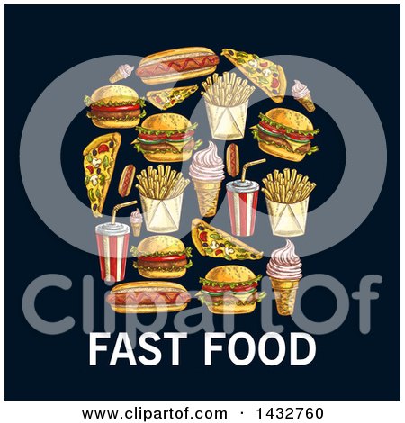 Clipart of a Sketched Fast Food Items over Text, on a Dark Background Royalty Free Vector Illustration by Vector Tradition SM