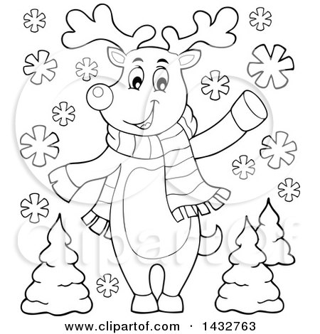 Clipart of a Black and White Lineart Christmas Reindeer Wearing a Scarf and Waving or Presenting - Royalty Free Vector Illustration by visekart