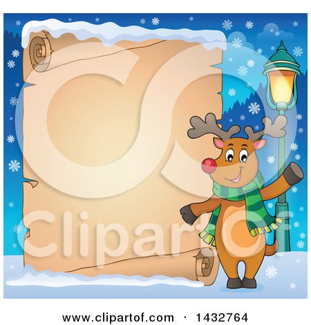 Clipart of a Happy Christmas Reindeer Wearing a Scarf and Waving by a Blank Scroll Sign - Royalty Free Vector Illustration by visekart