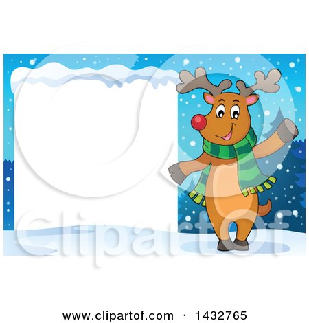 Clipart of a Happy Christmas Reindeer Wearing a Scarf and Waving by a Blank Sign - Royalty Free Vector Illustration by visekart
