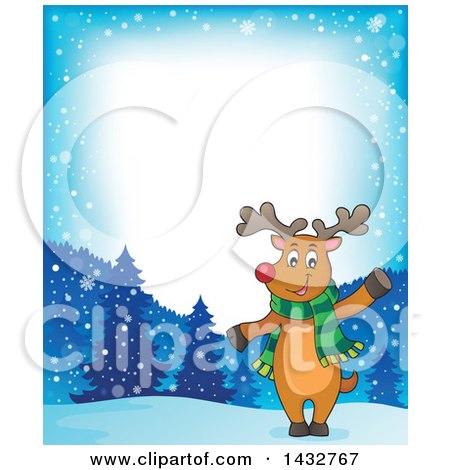 Clipart of a Border of a Christmas Reindeer Wearing a Scarf and Waving or Presenting - Royalty Free Vector Illustration by visekart