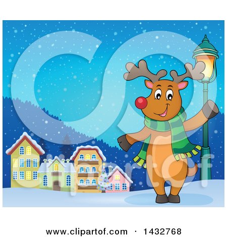 Clipart of a Happy Christmas Reindeer Wearing a Scarf and Waving or Presenting by a Village - Royalty Free Vector Illustration by visekart