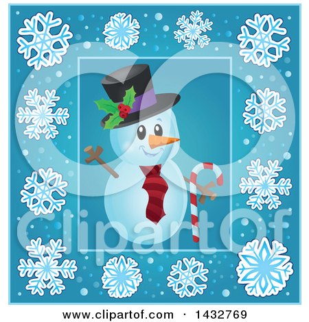 Clipart of a Snowman Inside a Blue Snowflake Frame - Royalty Free Vector Illustration by visekart