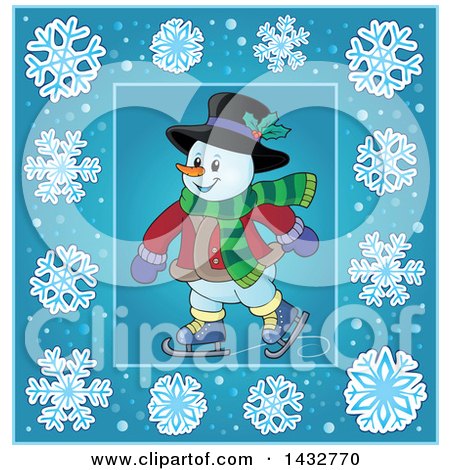 Clipart of a Snowman Ice Skating Inside a Blue Snowflake Frame - Royalty Free Vector Illustration by visekart