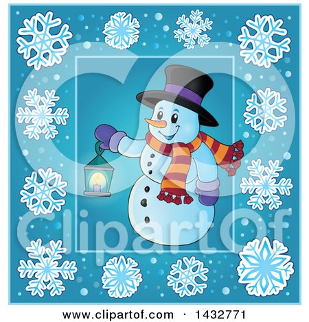 Clipart of a Snowman Holding a Lantern Inside a Blue Snowflake Frame - Royalty Free Vector Illustration by visekart