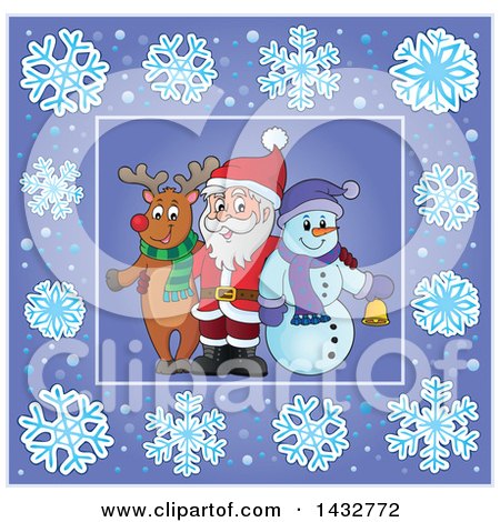 Clipart of a Christmas Reindeer and Snowman with Santa Inside a Purple Snowflake Frame - Royalty Free Vector Illustration by visekart