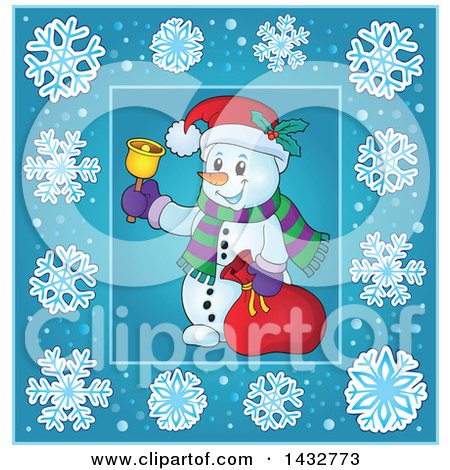 Clipart of a Snowman Ringing a Bell Inside a Blue Snowflake Frame - Royalty Free Vector Illustration by visekart