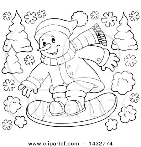 Clipart of a Black and White Lineart Snowman Snow Boarding - Royalty Free Vector Illustration by visekart