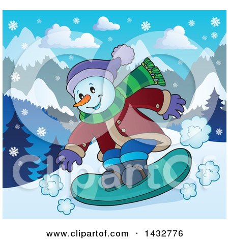 Clipart of a Happy Snow Man Snowboarding - Royalty Free Vector Illustration by visekart