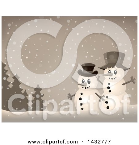 Clipart of Sepia Toned Snowmen in the Snow - Royalty Free Vector Illustration by visekart