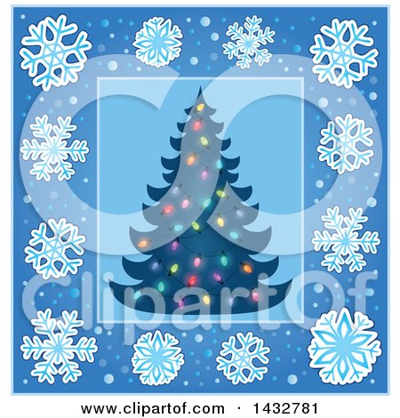 Clipart of a Christmas Tree Inside a Blue Snowflake Frame - Royalty Free Vector Illustration by visekart