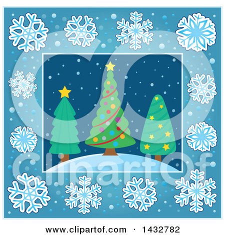 Clipart of Christmas Trees Inside a Blue Snowflake Frame - Royalty Free Vector Illustration by visekart