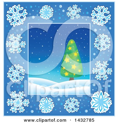 Clipart of a Christmas Tree Inside a Blue Snowflake Frame - Royalty Free Vector Illustration by visekart