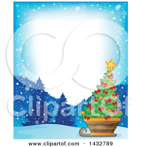 Clipart of a Border of a Christmas Tree in a Sleigh over a Parchment Scroll - Royalty Free Vector Illustration by visekart