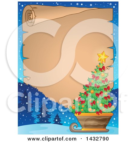 Clipart of a Parchment Scroll with a Christmas Tree in a Sleigh - Royalty Free Vector Illustration by visekart